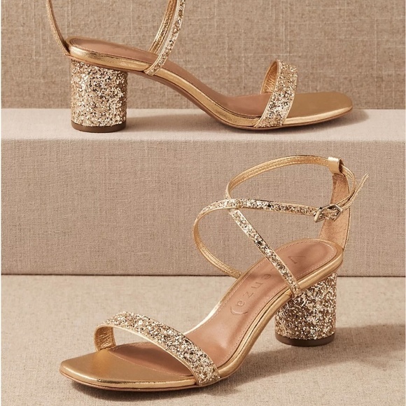 NWOT BHLDN Anthropologie Vicenza Mandi Gold Glitter Square Toe Heels Sz 6 - Picture 1 of 10